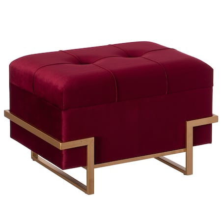 Velvet Storage Ottoman Stool Box With Abstract Golden Legs - Decorative Sitting Bench, Red Small